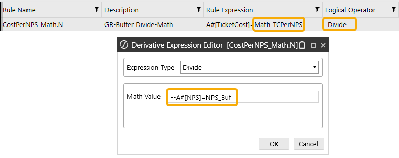 Accounts named TicketCost in the load file are targeted. These accounts are renamed to Math_TCPerNPS and highlighted in the Rule Expression column